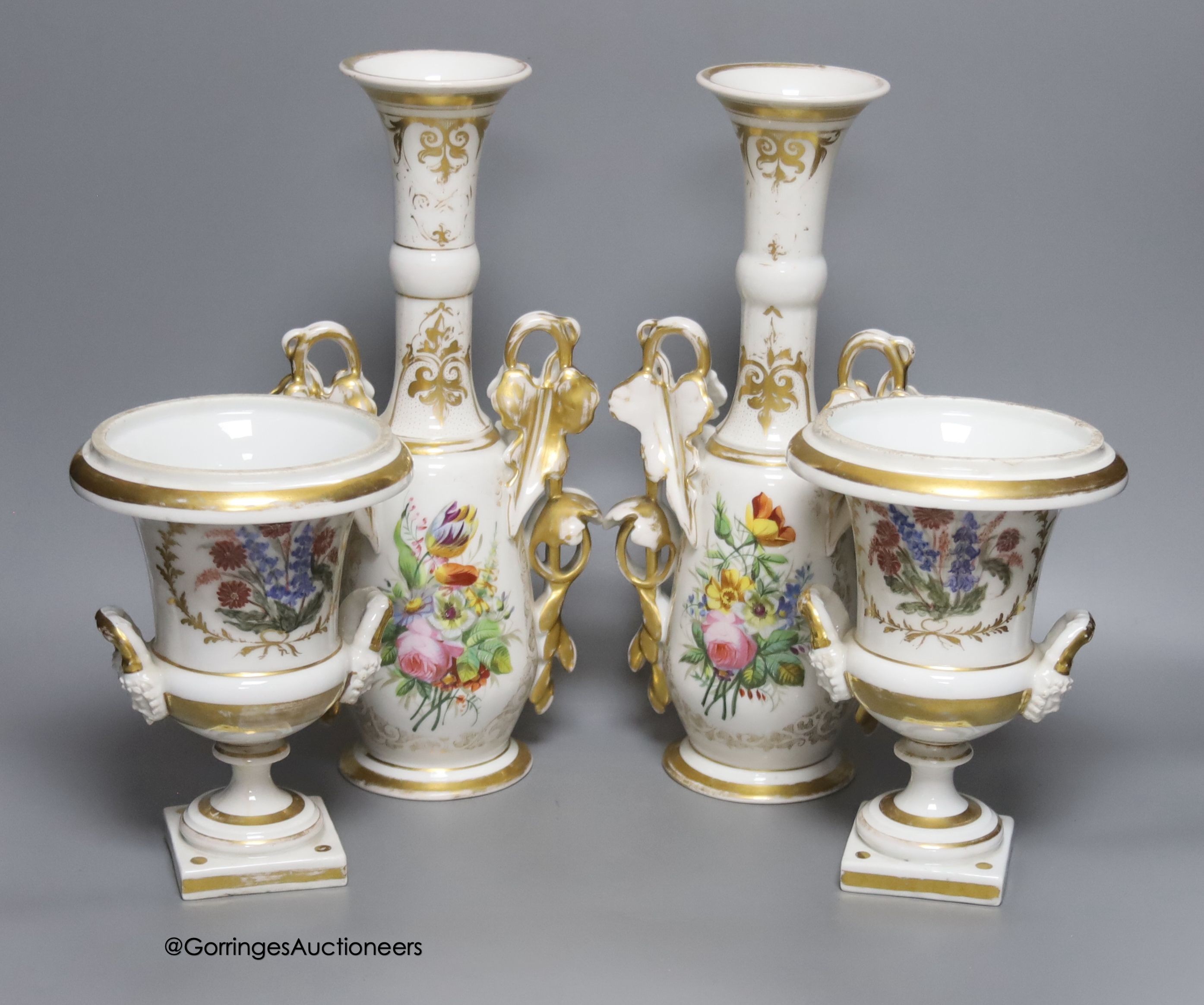 A pair of 19th century painted Paris porcelain vases, base marked B.B., together with a pair of Paris porcelain campana urns, tallest 32cm